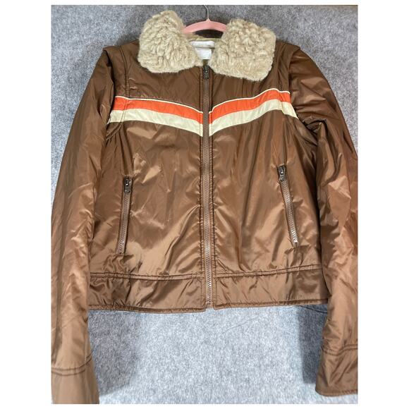 VINTAGE Charlotte Russe Jacket Women Large Brown Full Zip Fur Collar Windbreaker - Picture 1 of 5